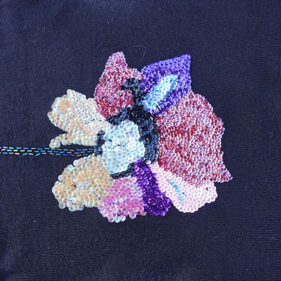 Vintage Cache Black Sequin Flower Sweater Women’s Large Ramie Cotton 90s Y2K - Picture 4 of 10